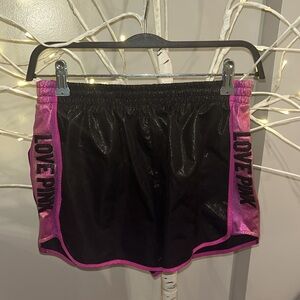 Pink athletic jogging shorts pink black sparkle silky fabric Love Pink logo